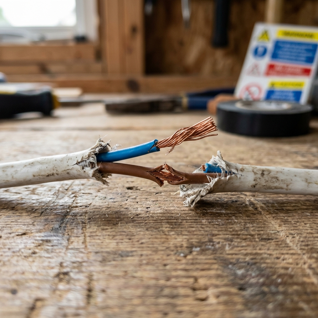 Cables eléctricos dañados o sueltos en una vivienda de Terrassa